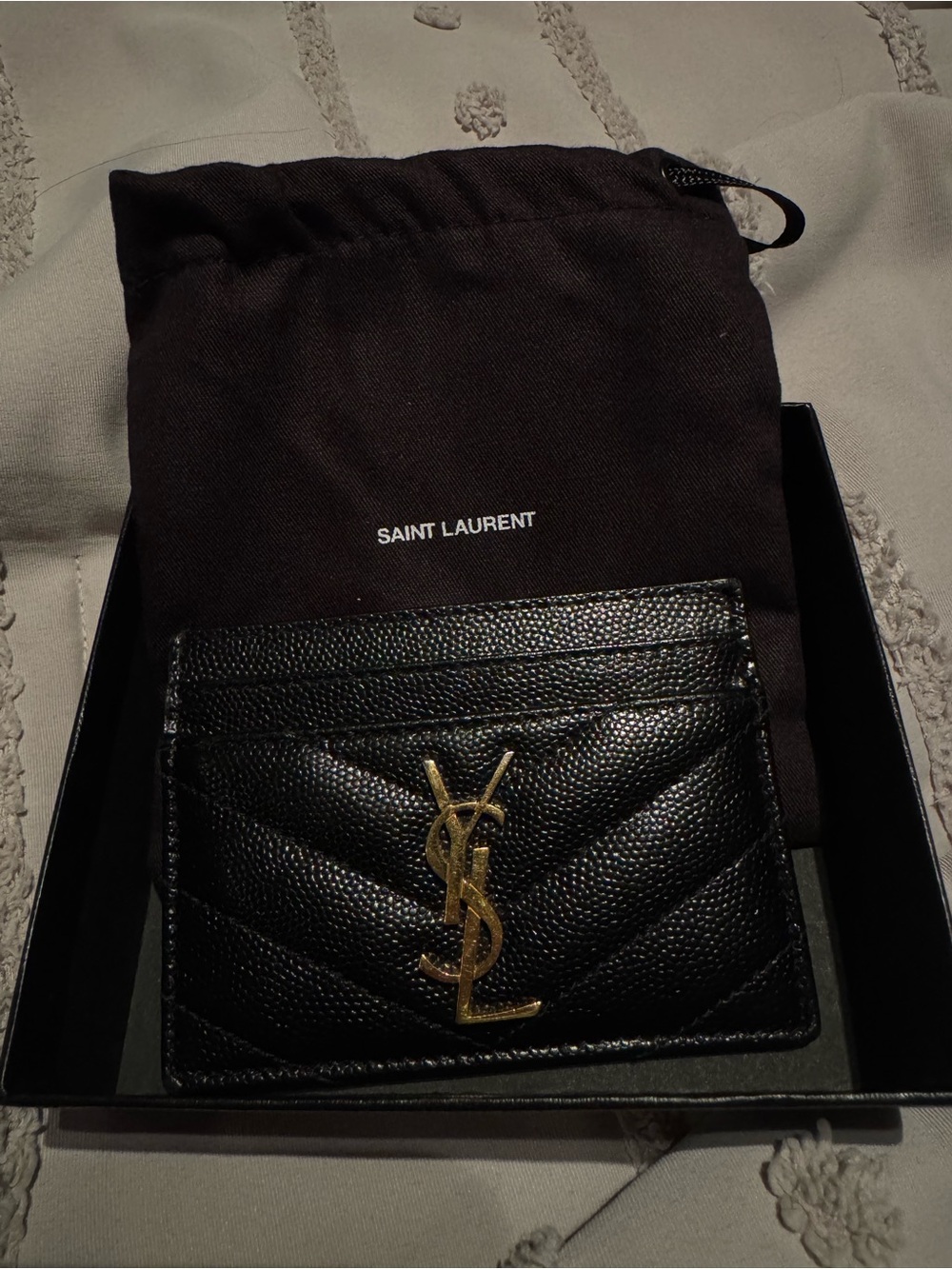 AUTHENTIC- Saint Laurent Black Quilted Leather Card Holder with Gold YSL Emblem
